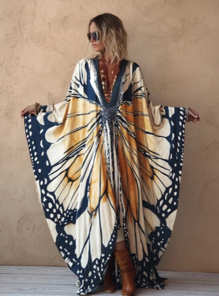 Monarch wing-print kaftan gown