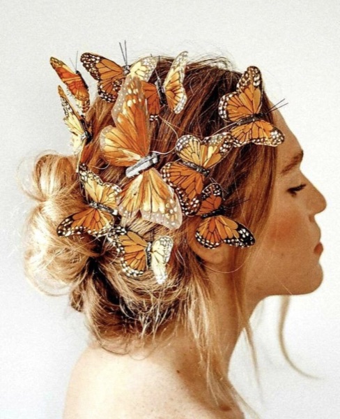 Butterfly hair accessories styled into an updo